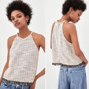 Zara Trafaluc Top Tweed Black and Cream High Neck Relaxed Fit sz L